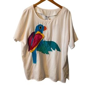 VTG Alfredos‎ Wear Womens Parrot Applique Tunic Top White Short Sleeve M